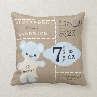 Burlap Teddy Bear Blue Birth Stats Keepsake Cushion