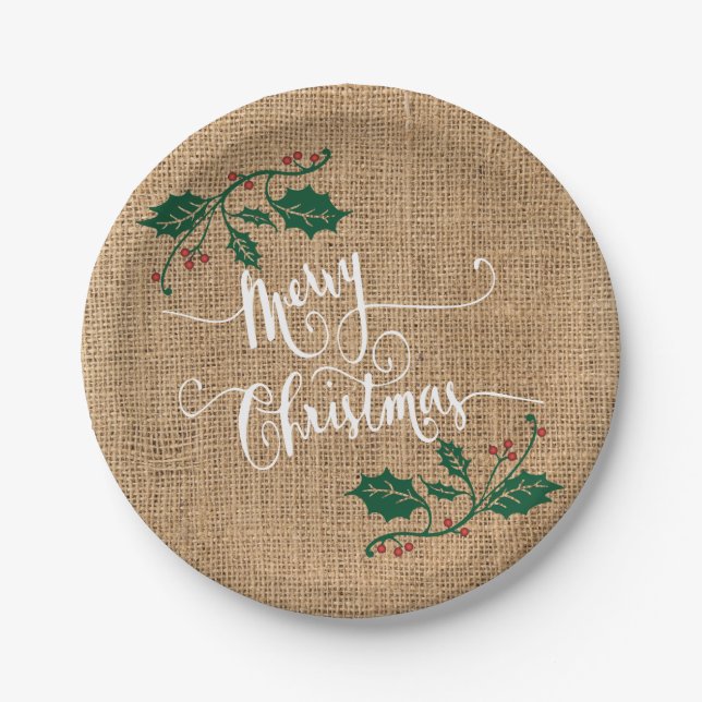 Burlap Texture Merry Christmas Paper Plate (Front)