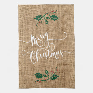 Burlap Texture Merry Christmas Tea Towel