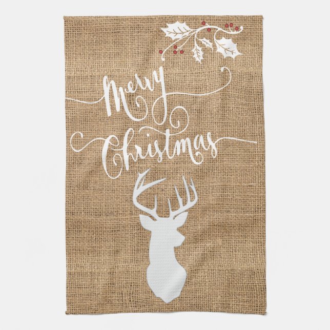 Burlap Texture Merry Christmas with Deer Tea Towel (Vertical)