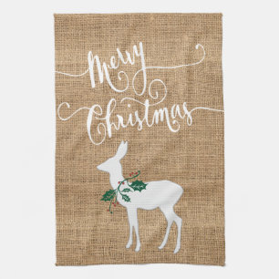 Burlap Texture Merry Christmas with Reindeer Tea Towel