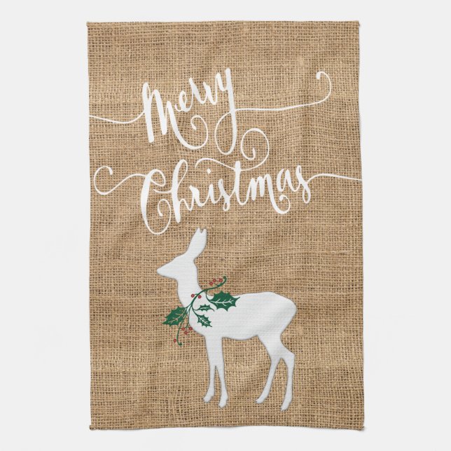 Burlap Texture Merry Christmas with Reindeer Tea Towel (Vertical)