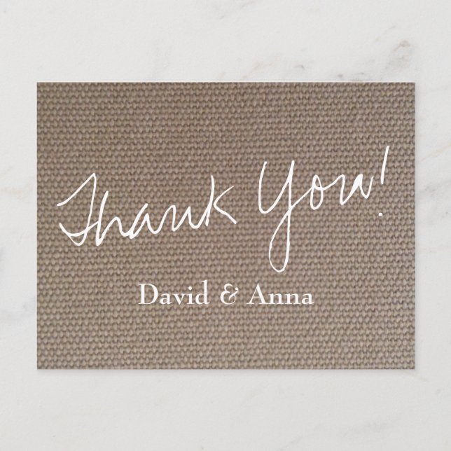 Burlap thank you postcard for country chic wedding (Front)