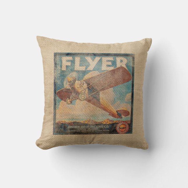 Burlap Vintage Aeroplane Cushion (Front)