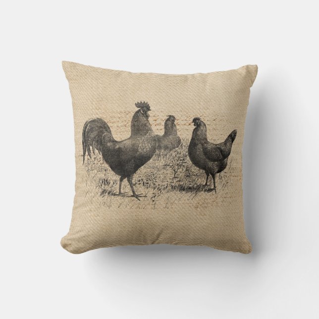 Burlap Vintage Chickens Script Cushion (Front)