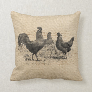 Burlap Vintage Chickens Script Cushion