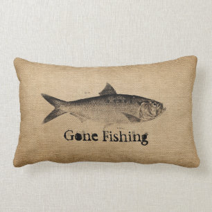 Burlap Vintage Fish Gone Fishing Lumbar Cushion