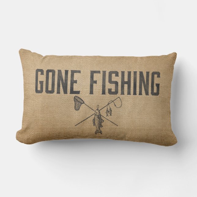 Burlap Vintage Gone Fishing Lumbar Cushion (Front)