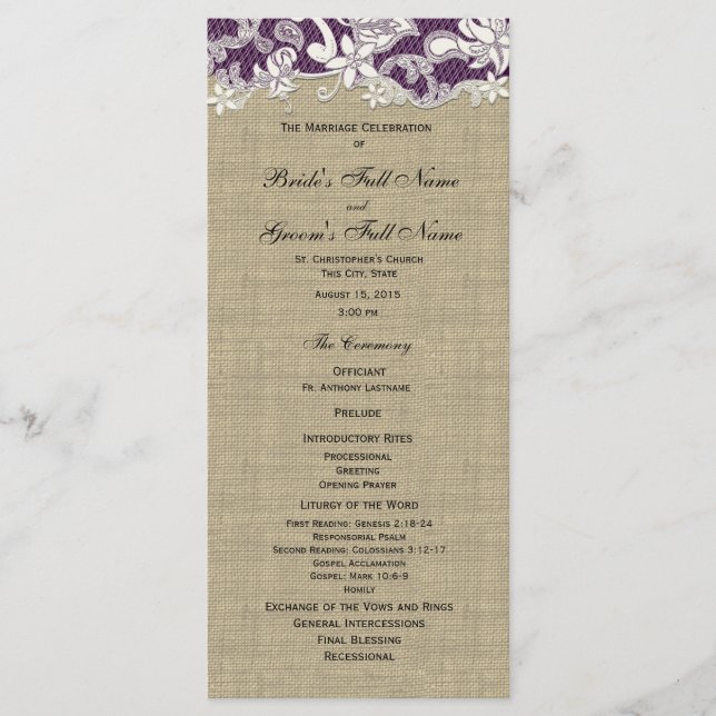 Burlap Vintage Lace Wedding Program (Front)