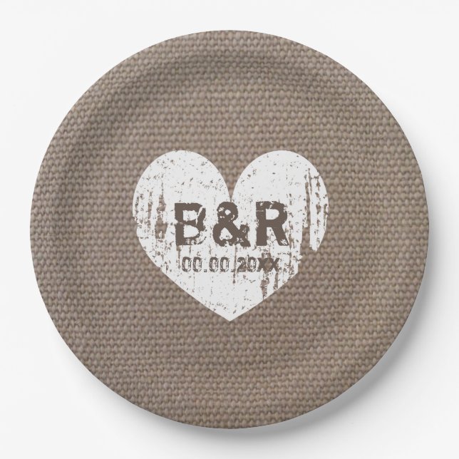 Burlap vintage monogram bbq wedding paper plates (Front)