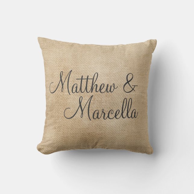 Burlap Vintage Personalise Wedding Names Date Cushion (Front)
