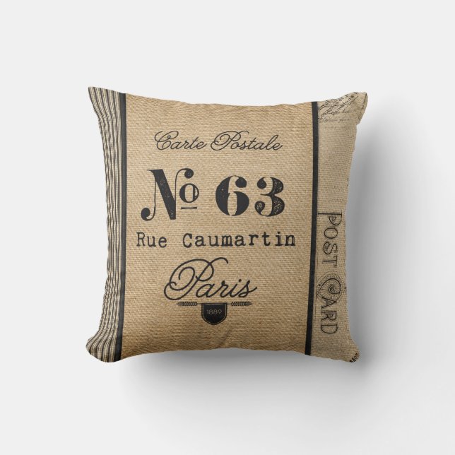 Burlap Vintage Postage French Country Cushion (Front)
