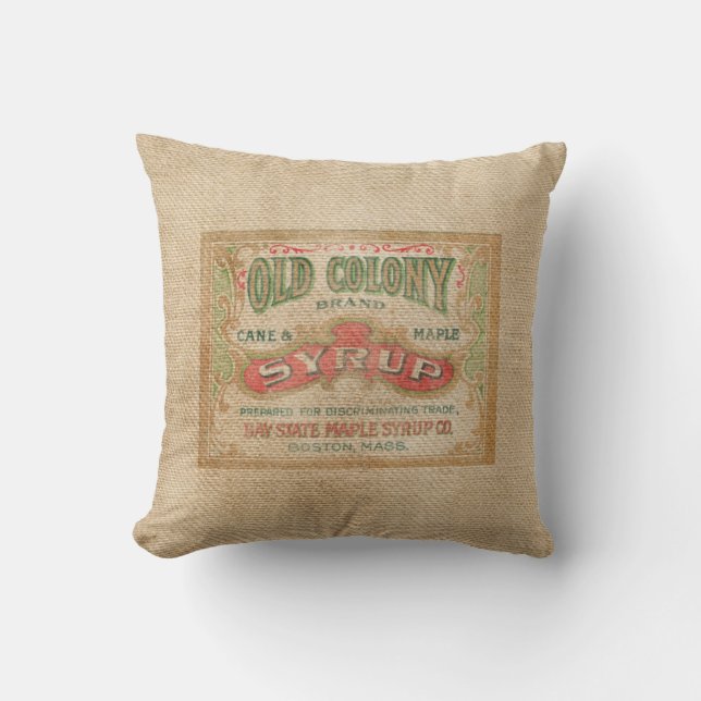 Burlap Vintage Syrup Advertisement Cushion (Front)