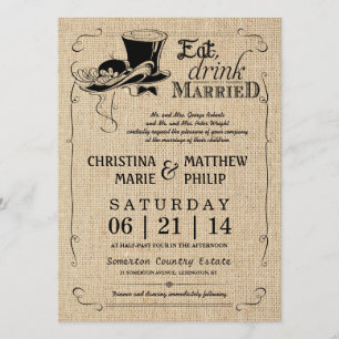 Burlap Vintage Top Hat Wedding Invitations