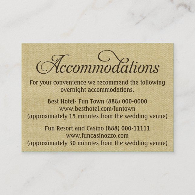 Burlap Wedding Accommodation - Reception Cards (Front)