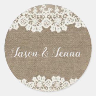 burlap wedding classic round sticker