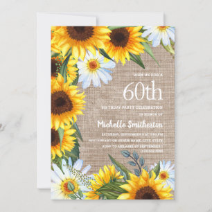 Burlap White Daisies Yellow Sunflower Birthday Invitation
