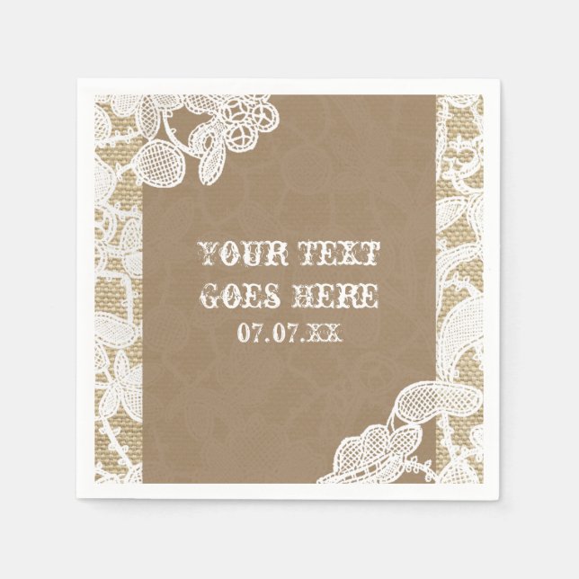 Burlap & White Floral Lace Elegant Rustic Wedding Napkin (Front)