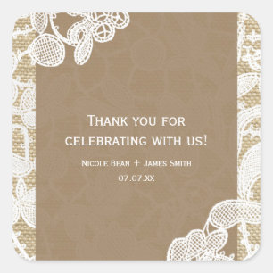 Burlap & White Floral Lace Elegant Rustic Wedding Square Sticker