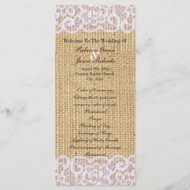 burlap white lace country rustic wedding program (Front)