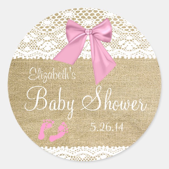 Burlap,White Lace, Pink Bow Baby Shower Classic Round Sticker (Front)
