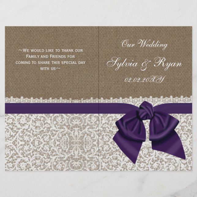 burlap white lace,purple folded Wedding program (Front)