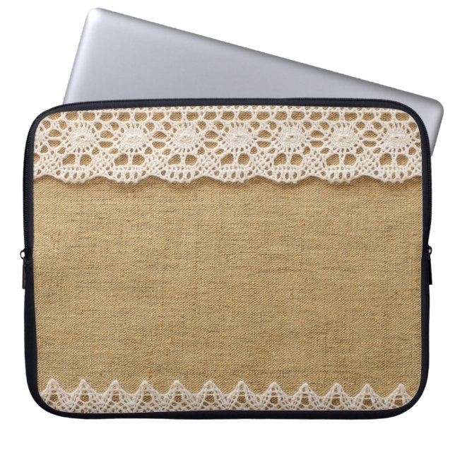 Burlap with lace laptop sleeve (Front)