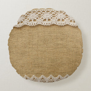 Burlap with lace round cushion