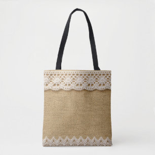 Burlap with lace tote bag