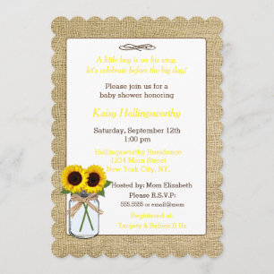 Burlap with Sunflowers in Mason Jar Baby Shower Invitation