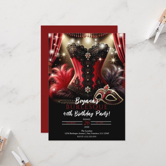 Burlesque Feathers & Bustier Glam Birthday Party Invitation (Front/Back In Situ)