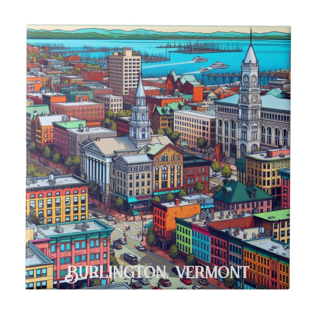 Burlington, Vermont Comic Book Style Art Ceramic Tile (Front)