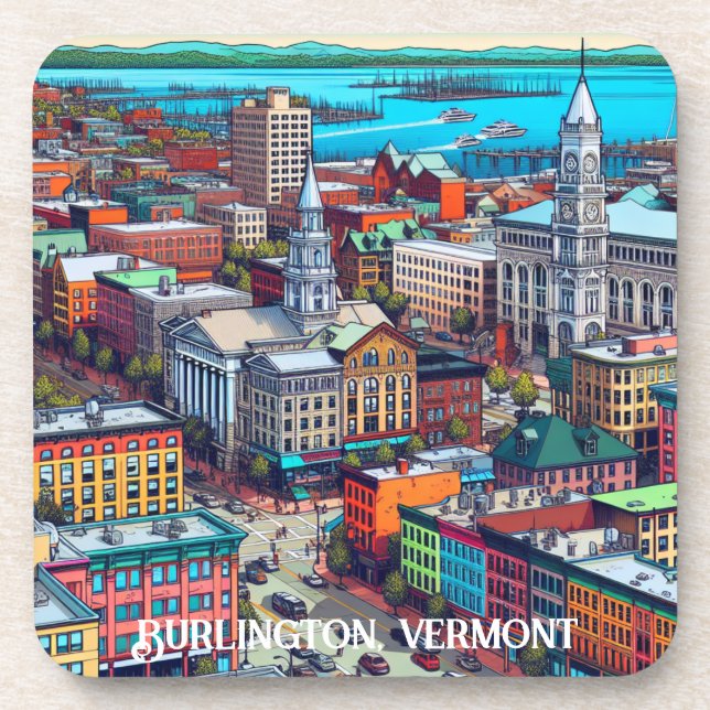 Burlington, Vermont Comic Book Style Art Coaster (Front)
