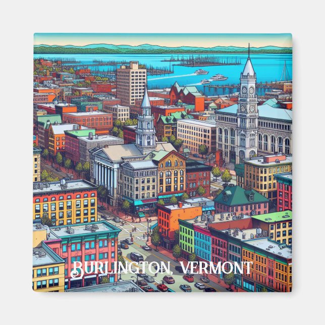 Burlington, Vermont Comic Book Style Art Magnet (Front)
