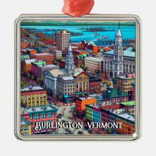 Burlington, Vermont Comic Book Style Art Metal Ornament