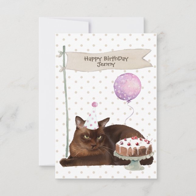 Burmese Cat Birthday Celebration Party Hat cake Card (Front)