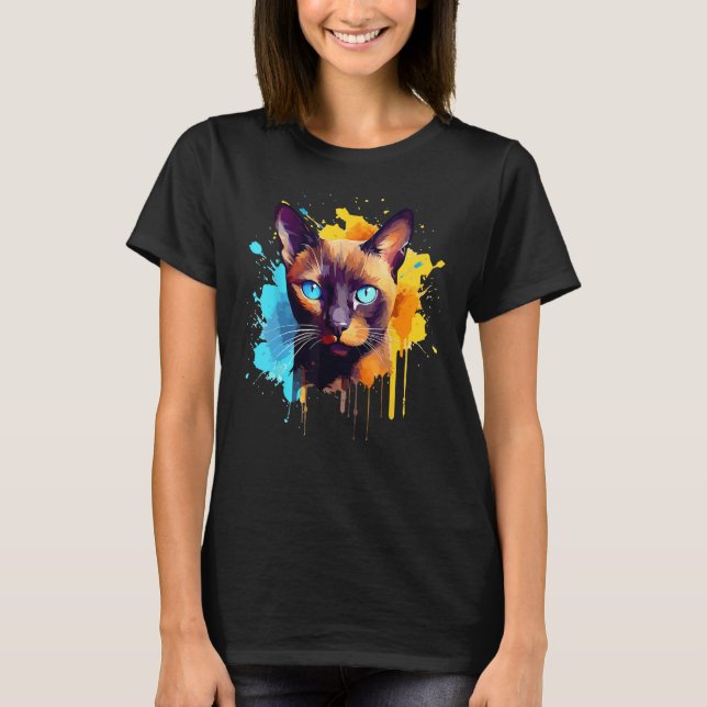 Burmese Cat Face Colorful Splash Art T-Shirt (Front)