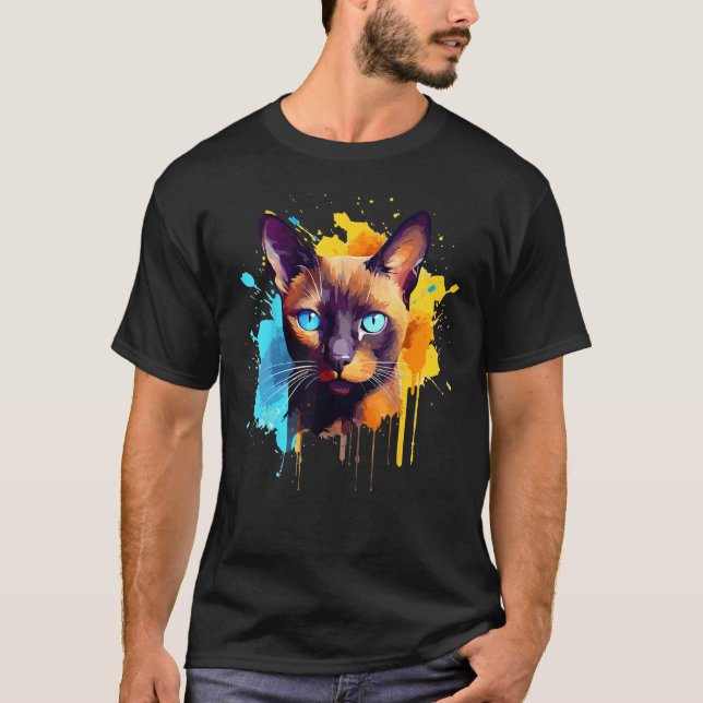 Burmese Cat Face Colorful Splash Art T-Shirt (Front)