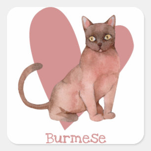 Burmese Cat Watercolor Kitty Pink Heart Square Sticker