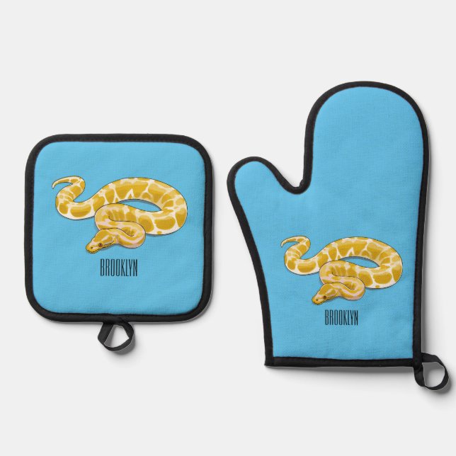 Burmese python snake cartoon illustration oven mitt & pot holder set (Front)