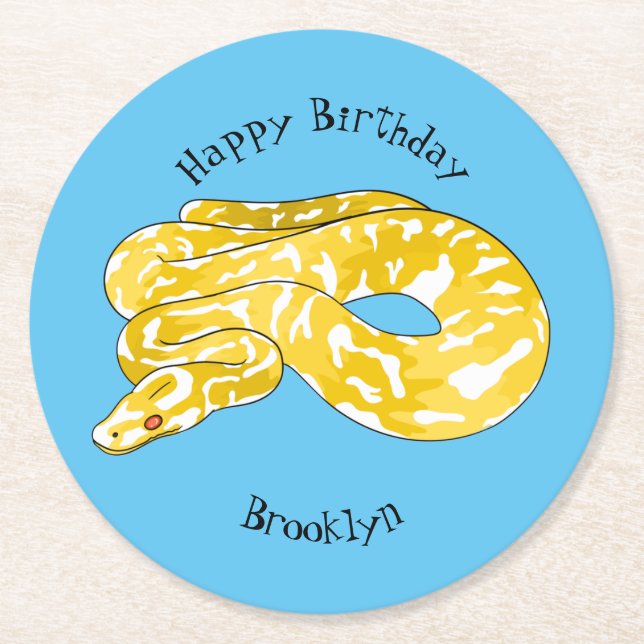 Burmese python snake cartoon illustration round paper coaster (Front)