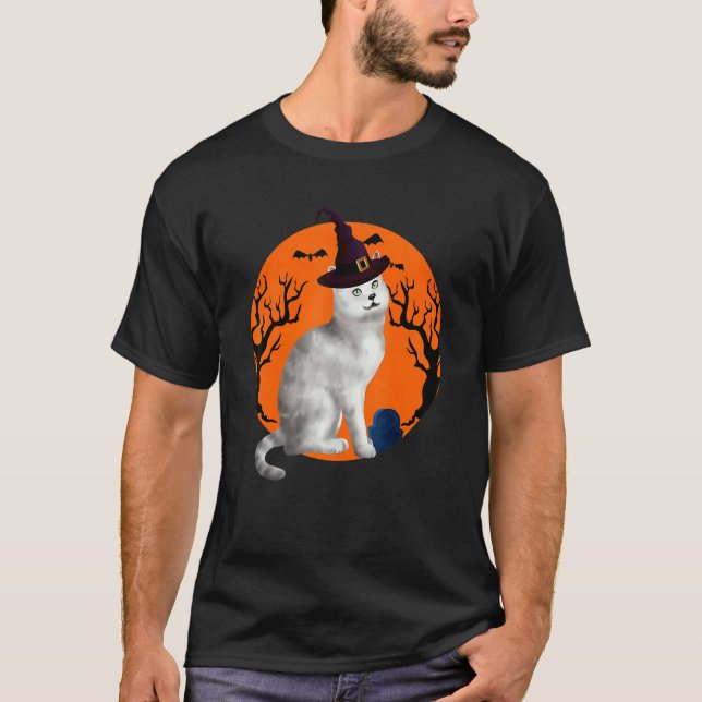 Burmilla Cat Halloween Witch Hat And Moon T-Shirt (Front)