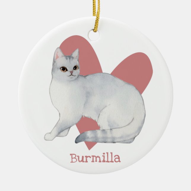 Burmilla Cat Watercolor Kitty Pink Heart Ceramic Ornament (Front)
