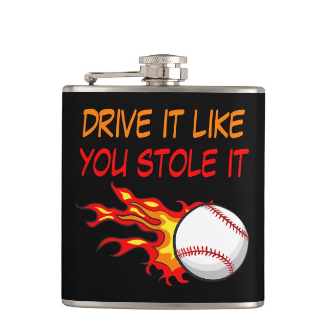 Burning Baseball in Flames with Funny Quote, Black Hip Flask (Front)