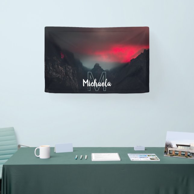 Burning clouds, fog and mountains monogram banner (Tradeshow)