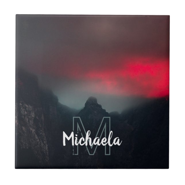Burning clouds, fog and mountains monogram ceramic tile (Front)