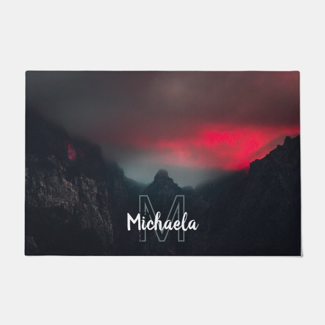 Burning clouds, fog and mountains monogram doormat (Front)