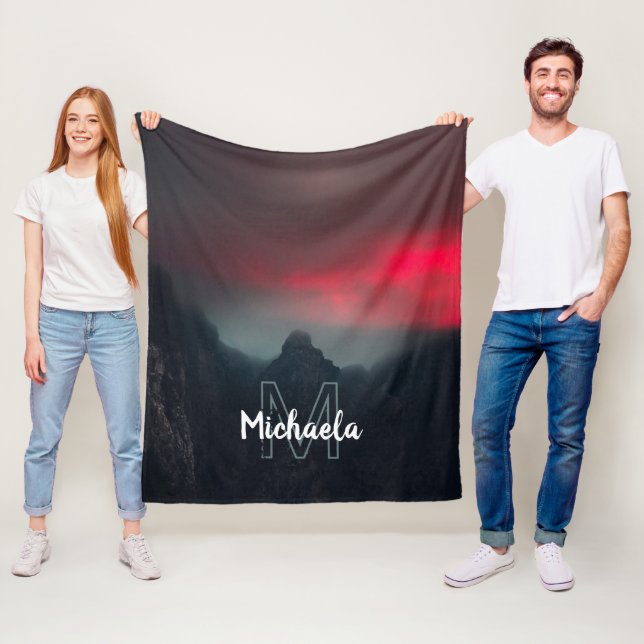 Burning clouds, fog and mountains monogram fleece blanket (In Situ)