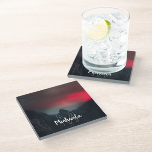 Burning clouds, fog and mountains monogram glass coaster