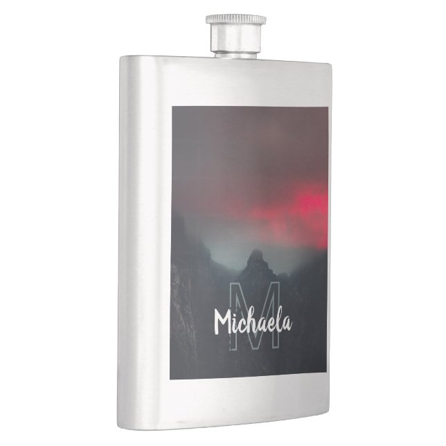 Burning clouds, fog and mountains monogram hip flask (Right)
